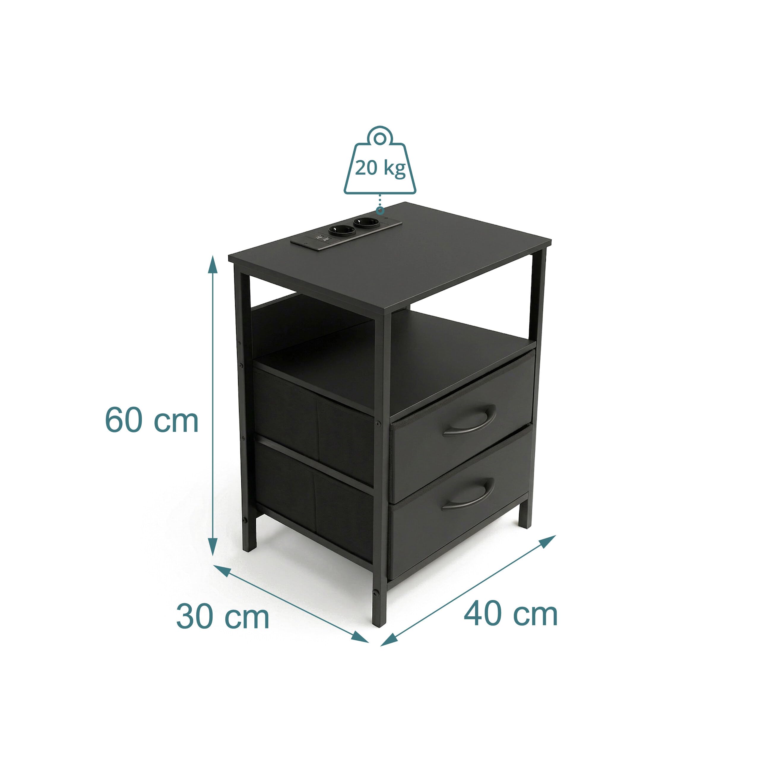Relaxdays Stolik nocny z LED, gniazdami i USB, 2 szuflady, 60 x 40 x 30 cm, czarny