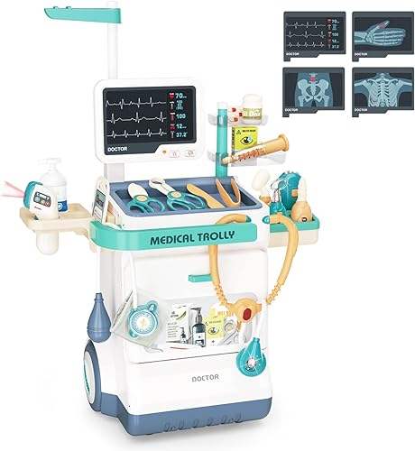 Sotodik Kit médico para niños, 26 accesorios, juego de estación médica de simulación para niños y niñas, carrito móvil con estetoscopio y accesorios