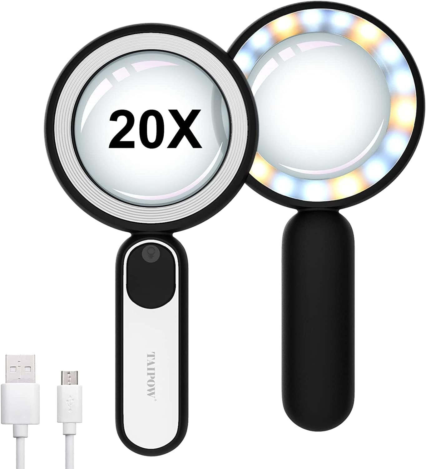 Taipow Lupas de Gran Aumento con Luz 20X, Lupa para Leer Libros con 21 LED Luz y 3 Modos de Iluminación, Lupa de Mano para Lectura, Inspección, Observar Joyas, Manualidades, Monedas, Negro