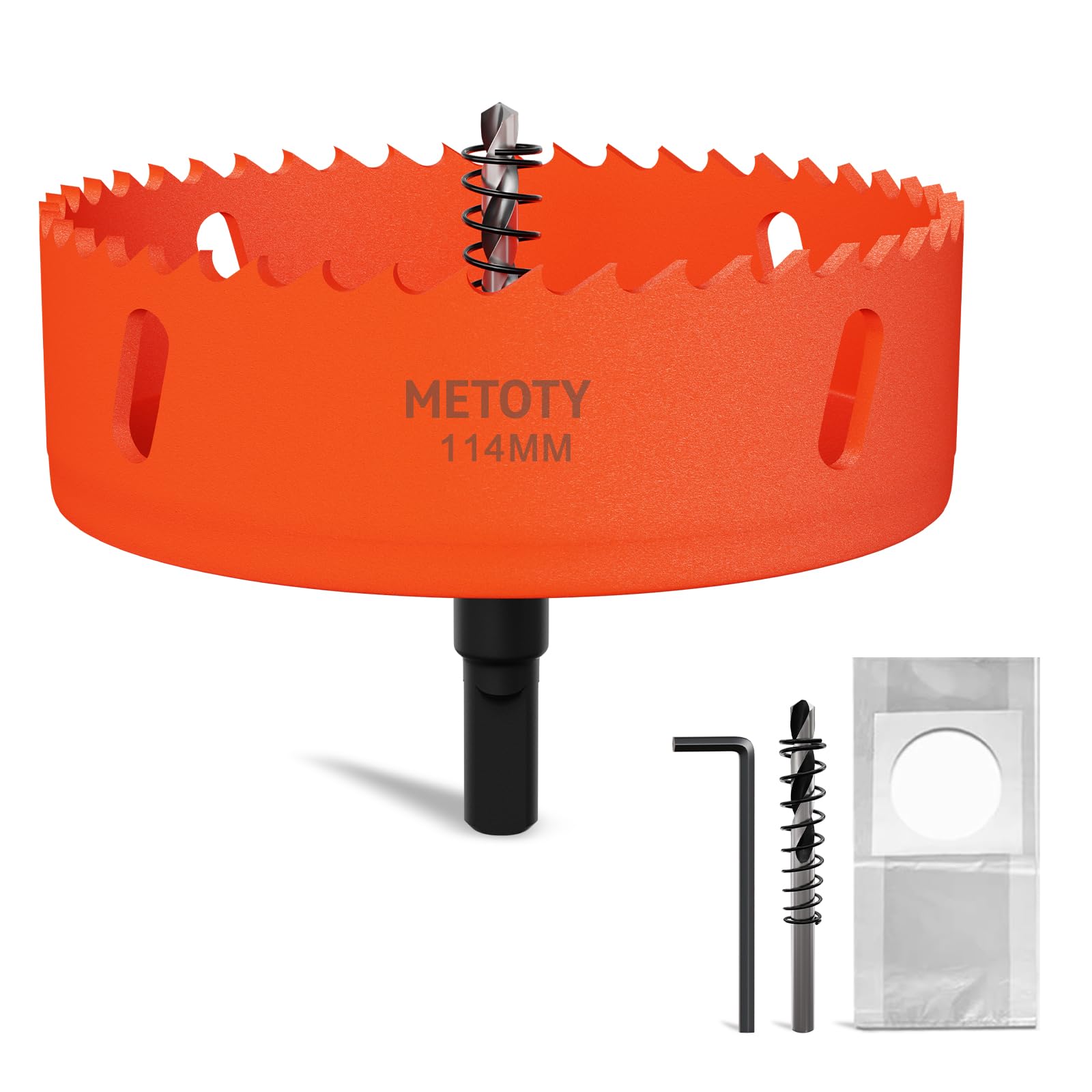 METOTY 114mm Bi-Metal Hole Saw,Universal HSS M42 Hole Saws,with Triangular Shaft Adapter and Centring Drill, One Free Dust Bag for Aluminum, Metals, Plastics, Acrylic Glass, Wood, Gypsum board