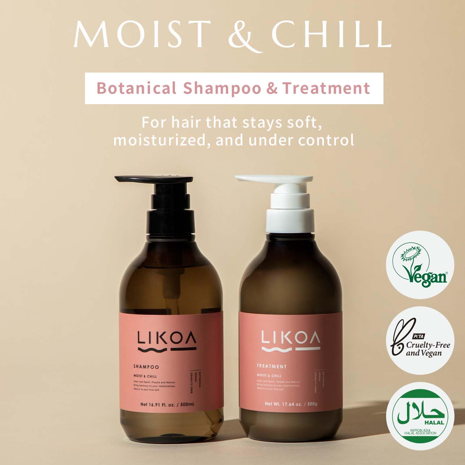 LIKOA, Moist and Chill Hydrating Shampoo and Treatment Set, for Damaged and Frizzy Hair, Botanical Hair Care, Oriental Floral Scent, Made in Japan, 16.9/17.64 Fl oz - Image 3