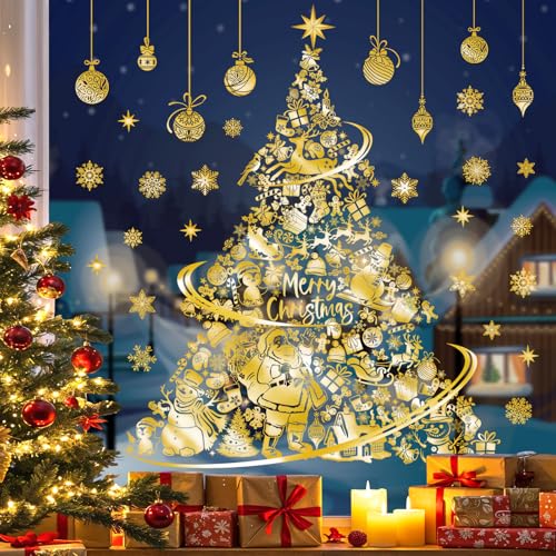 decalmile Pegatinas de Ventana Grande Arbol de Navidad Dorado Vinilos para Ventanas Papá Noel Muñeco de Nieve Copo de Nieve Adhesivos Pared Ventanas Navidad Ventana Puerta Tienda Cocina