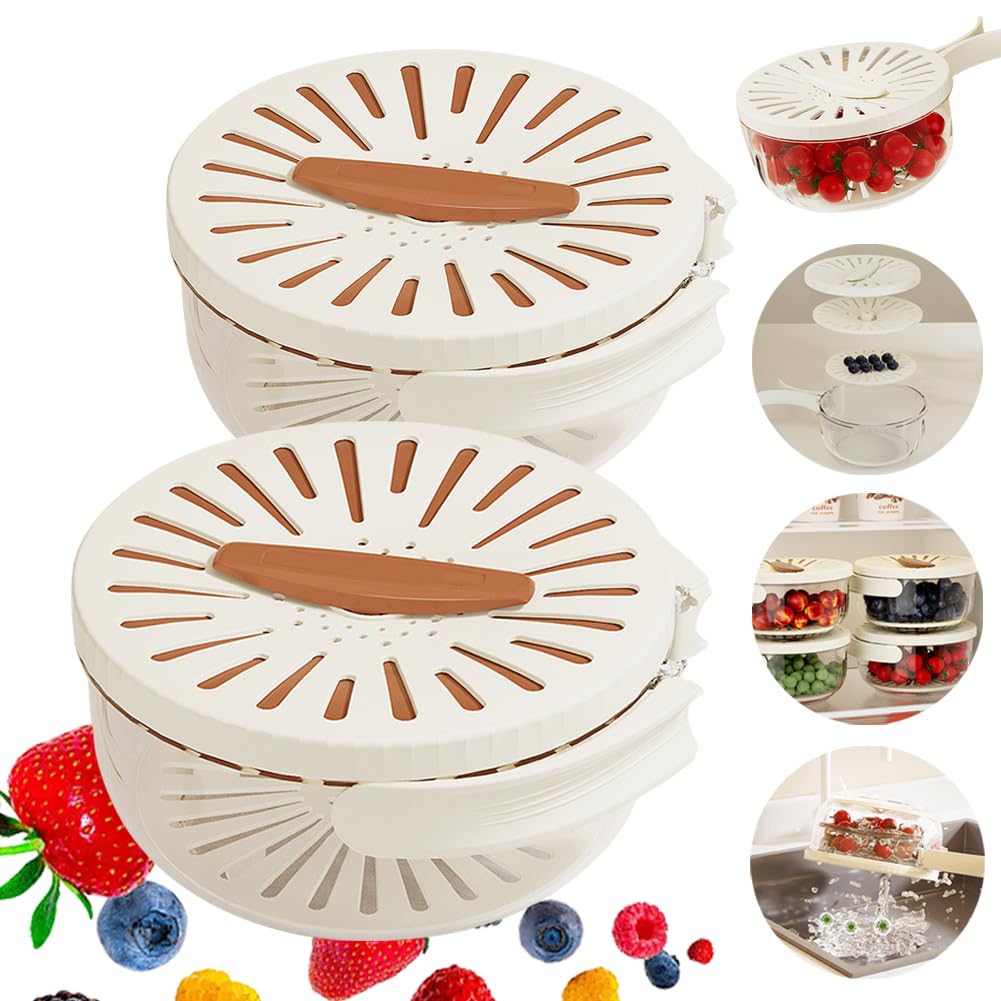 Fruit Drain Basket with Lid Foldable Handle, Fruit Strainer Colander Bowl, Kitchen Draining Basket, Fruit Vegetable Washing Food Strainers & Food Storage Colander (2pcs-brown)