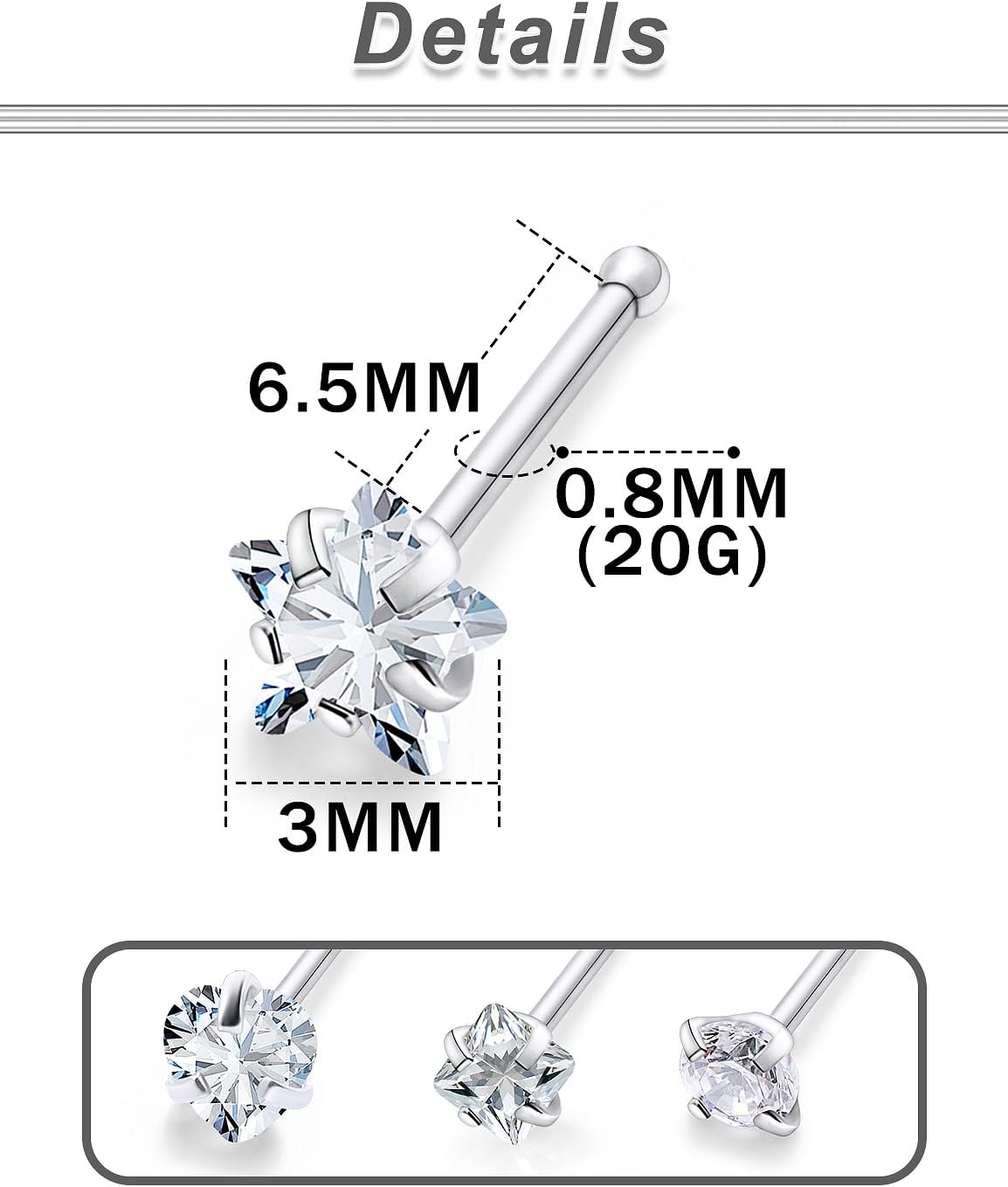 20/18g Straight/L Shaped Diamond Nose Ring Studs Earrings Piercings Jewelry Surgical Steel for Women Men
