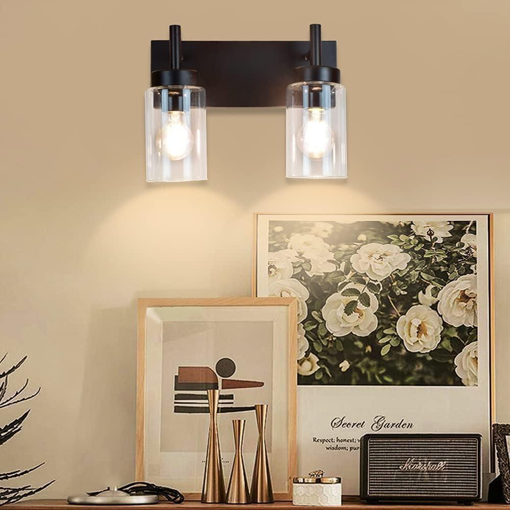 DLLT Wall Vanity Light Fixture, Farmhouse Bathroom Lighting, 2-Light Metal Wall Mount Lamp with Glass Shade for Powder Room, Hallway, Kitchen, Mirror, Laundry Room, E26 Base