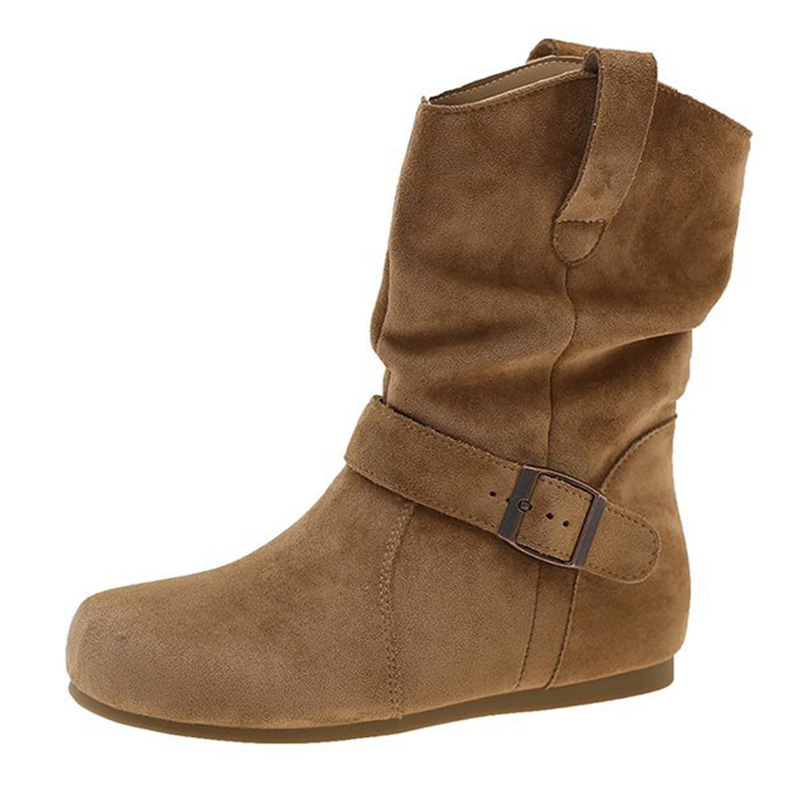 Slouchy Suede Ankle Flat Boots for Women Comfortable Round Toe with Buckle Slip On Low Calf Flat Booties