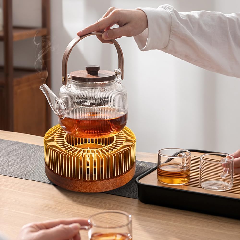 Calentador de Tetera de Aluminio con Base de Madera, Universal para Té, Café, Camping