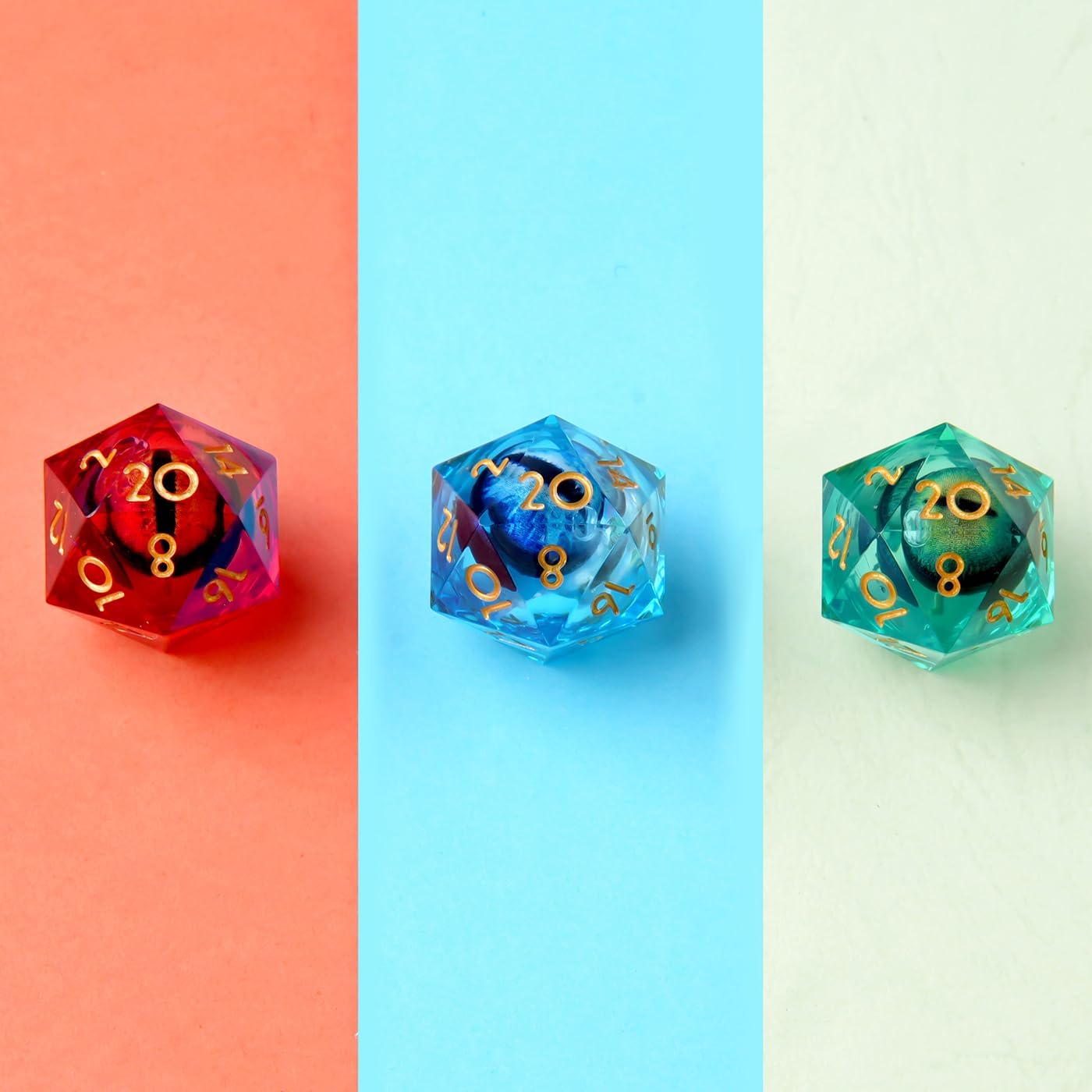 3Pcs D20 Dargon Eye Liquid Core DND Dice Set with 3 Color 22mm Resin Sharp Edge, 20 Sided D&D Dice 22mm Handmade Polyhedral D&D Dice for RPG, MTG Table Games(Green/Red/Blue) image 3