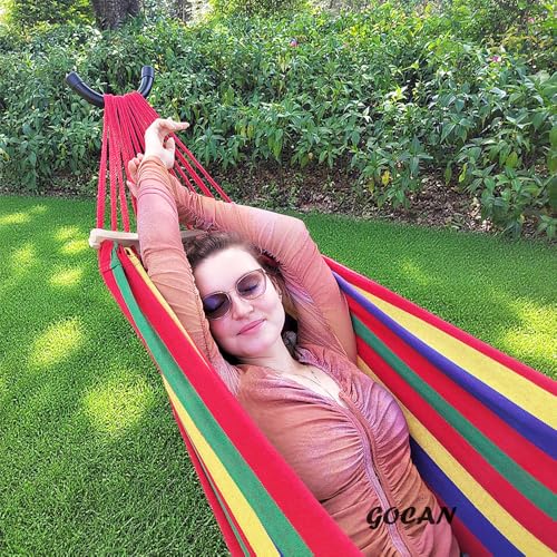Image of GOCAN Double Hammock 2 Person Large 220x160cm with Steel Stand and Removable Spreader bar Load 500lb, Canvas Cotton Hammocks for Patio Porch Garden Backyard Outdoor and Indoor,red