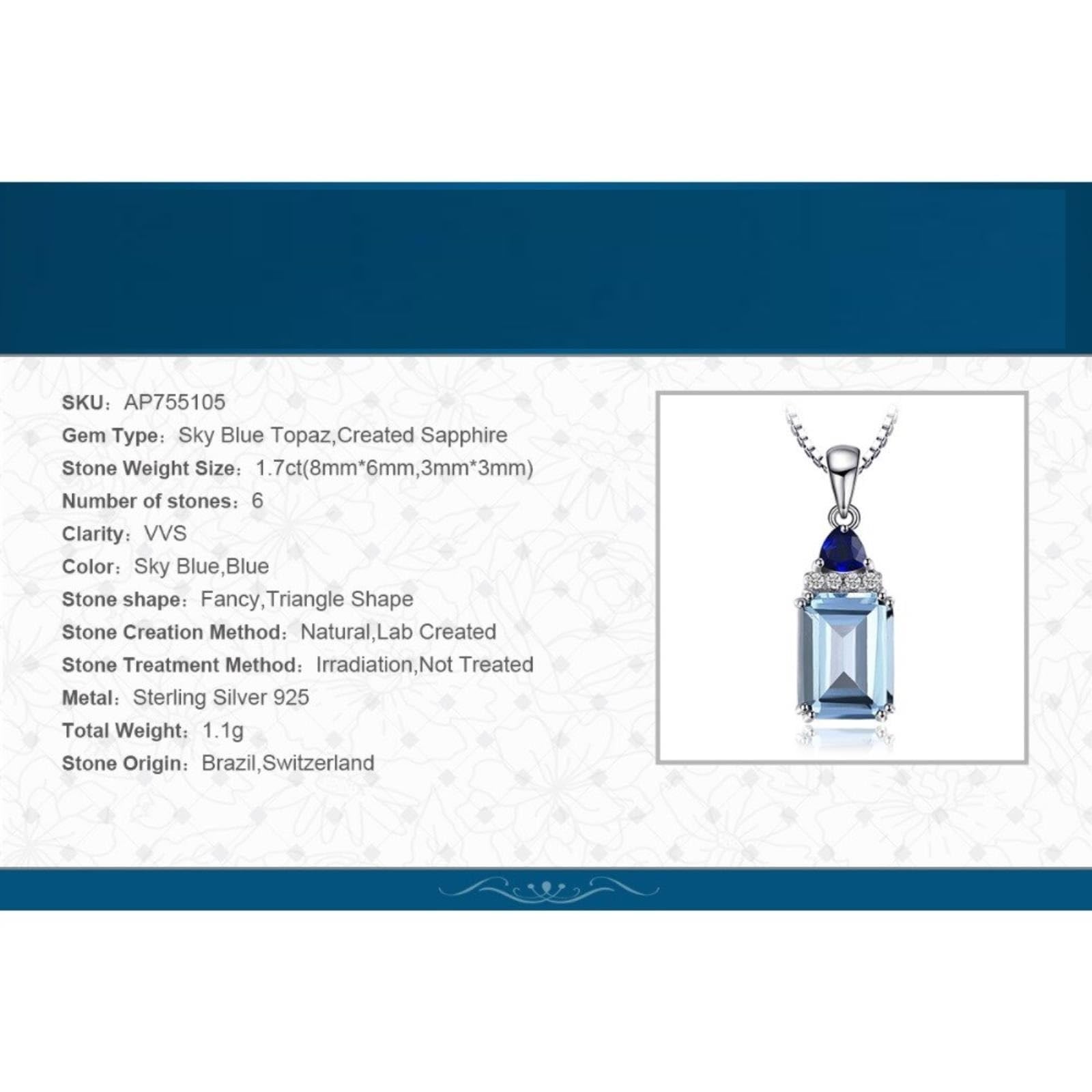 QYYZTQY 1.7CT Emerald Cut Blue Topaz erzeugt Saphir 925 Sterling Silber Pendell Halskette für