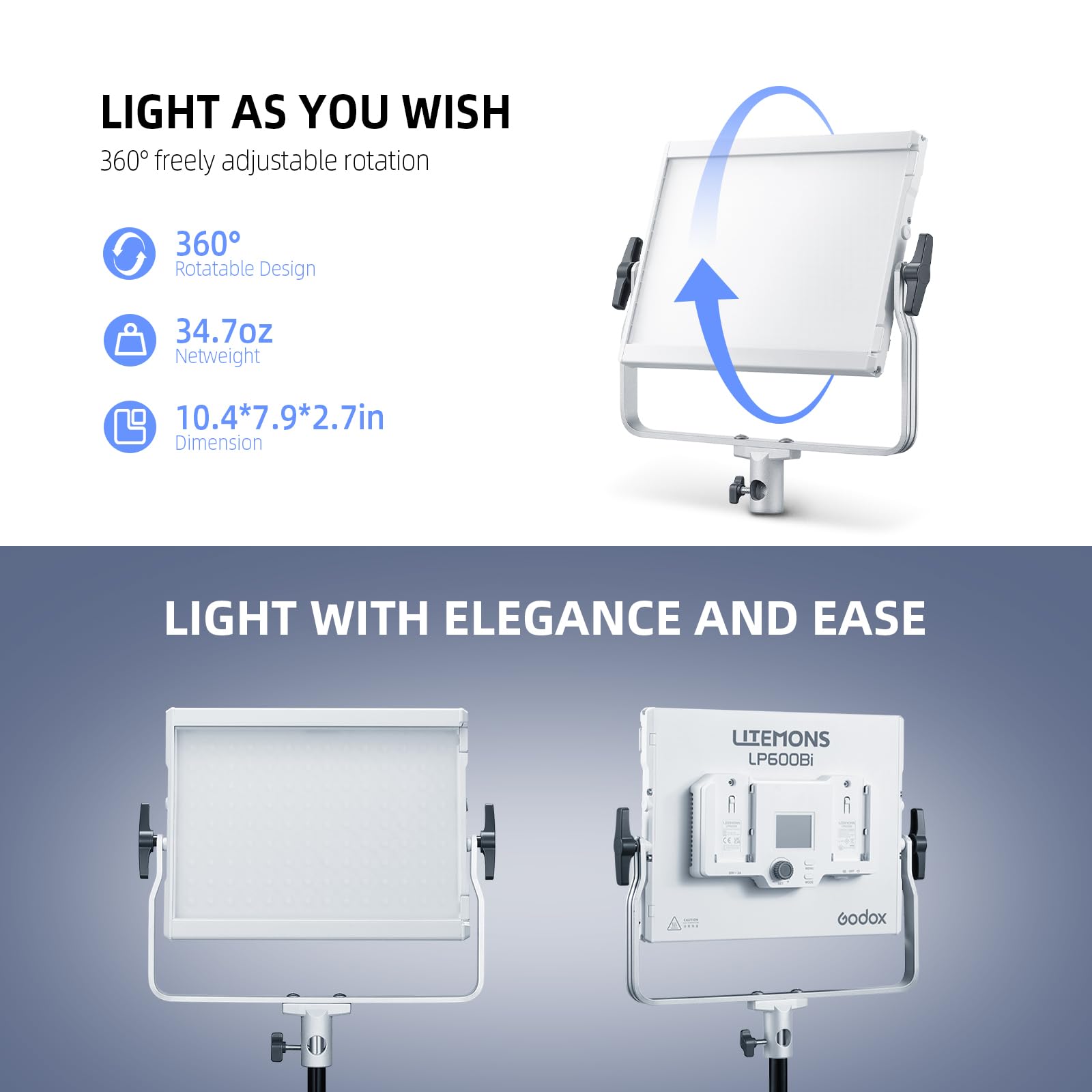 GODOX LITEMONS LP600Bi LED Video Light, CCT Bicolore Temperatura 2800K-6500K 60W Luce Pannello con 11 Effetti di Luce, L'illuminazione in Uscita Continua Supporta il Controllo APP