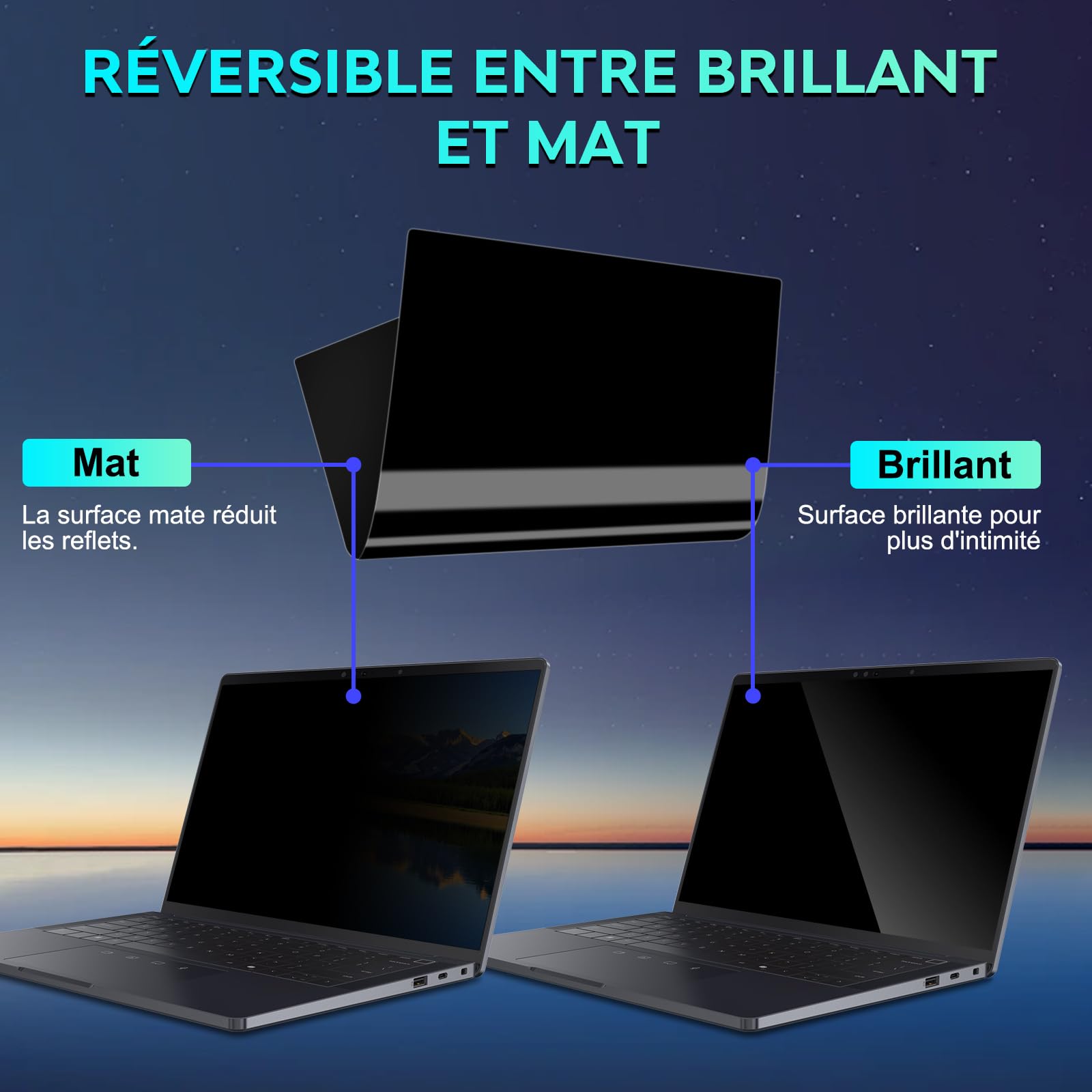 Filtre de Confidentialité pour 14 pouces ordinateurs portables Aspect 16:10, Anti-espionnage, Anti-lumière bleue et Anti-reflets, Amovible, compatible avec Lenovo, HP, Dell, Acer, Samsung, Asus
