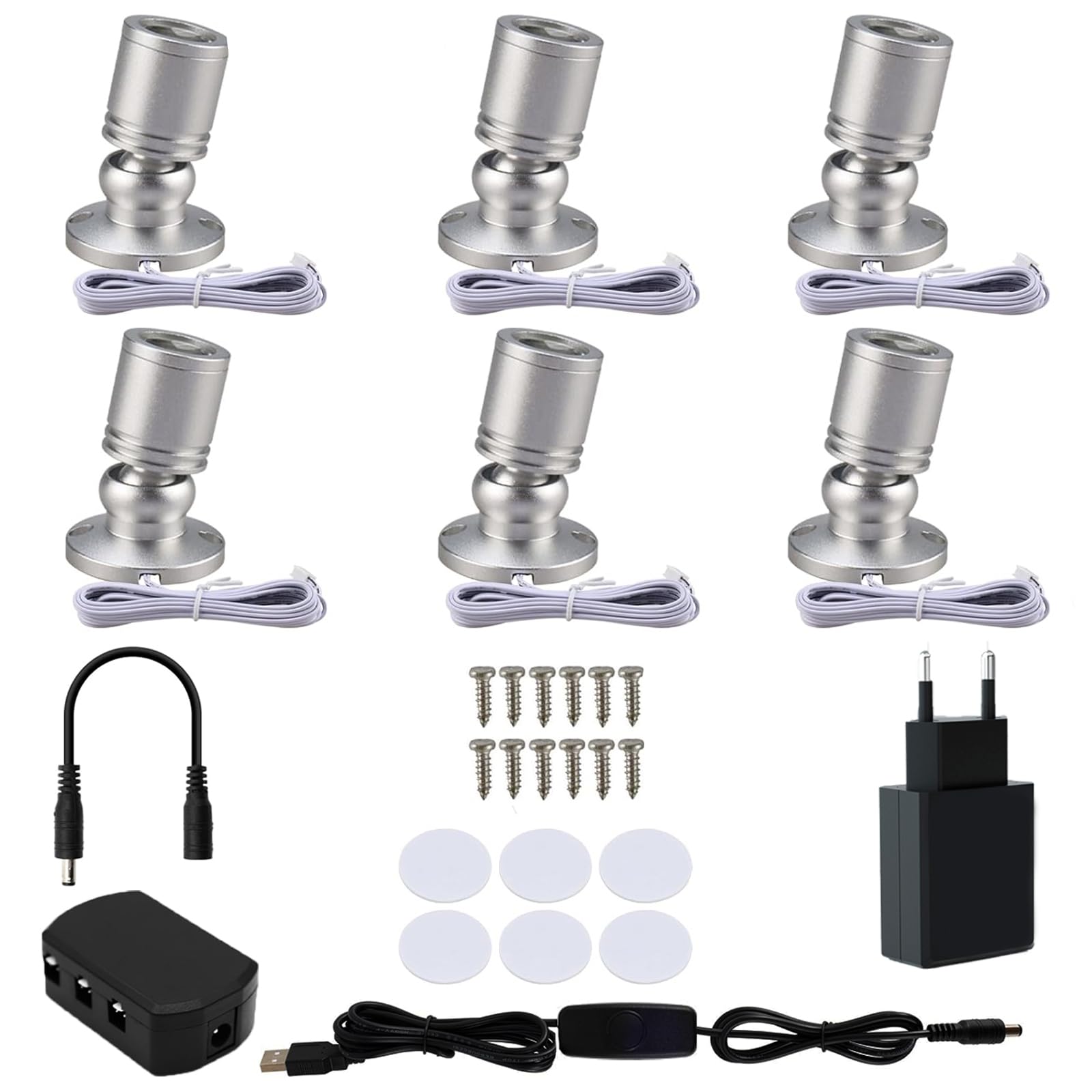 6 Piezas Mini focos LED Superficie Rotativo 360°Mini Spot Luz con Puerto USB 3000K Blanca Cálida Luz Regulable Adecuado para Armarios Pasillos Salas (6 Piezas-Blanco Cálido-Plata)