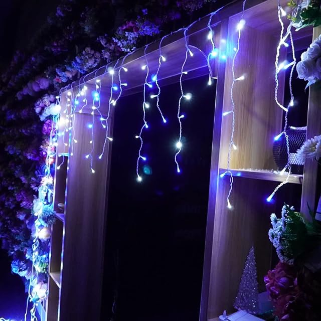 Icicle lights,300 Led 9 meters Icicle Style String Lights Christmas lights Connectable 8 Lighting Modes Multifunction Plug in for Christmas Garden Patio Eave Roof Wall Decorations (Blue and white)