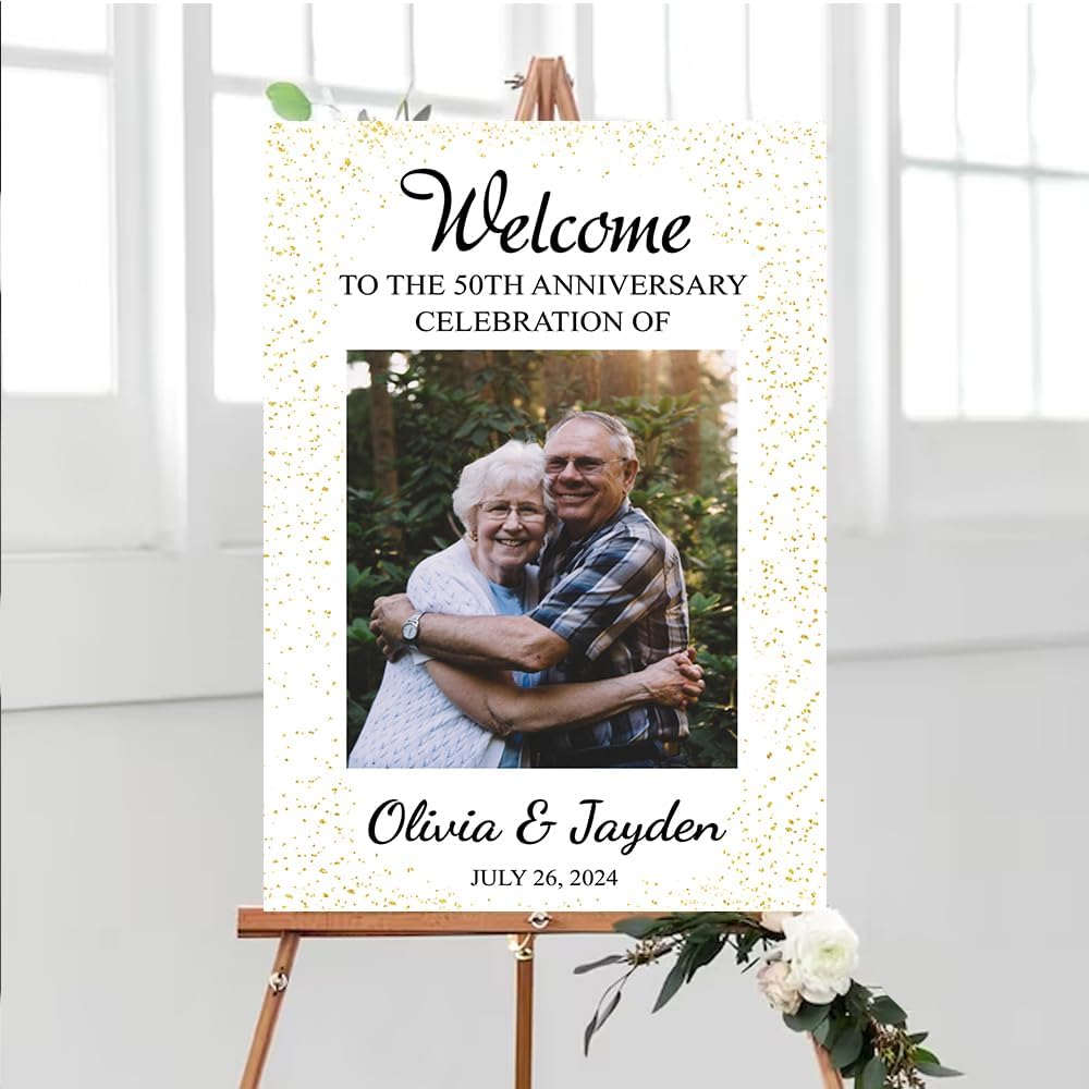 Personalized Wedding Anniversary Sign, 50th Anniversary Welcome Sign, 24" x 12" Custom Wedding Decoration, White And Gold, Waterproof PVC Photo Print