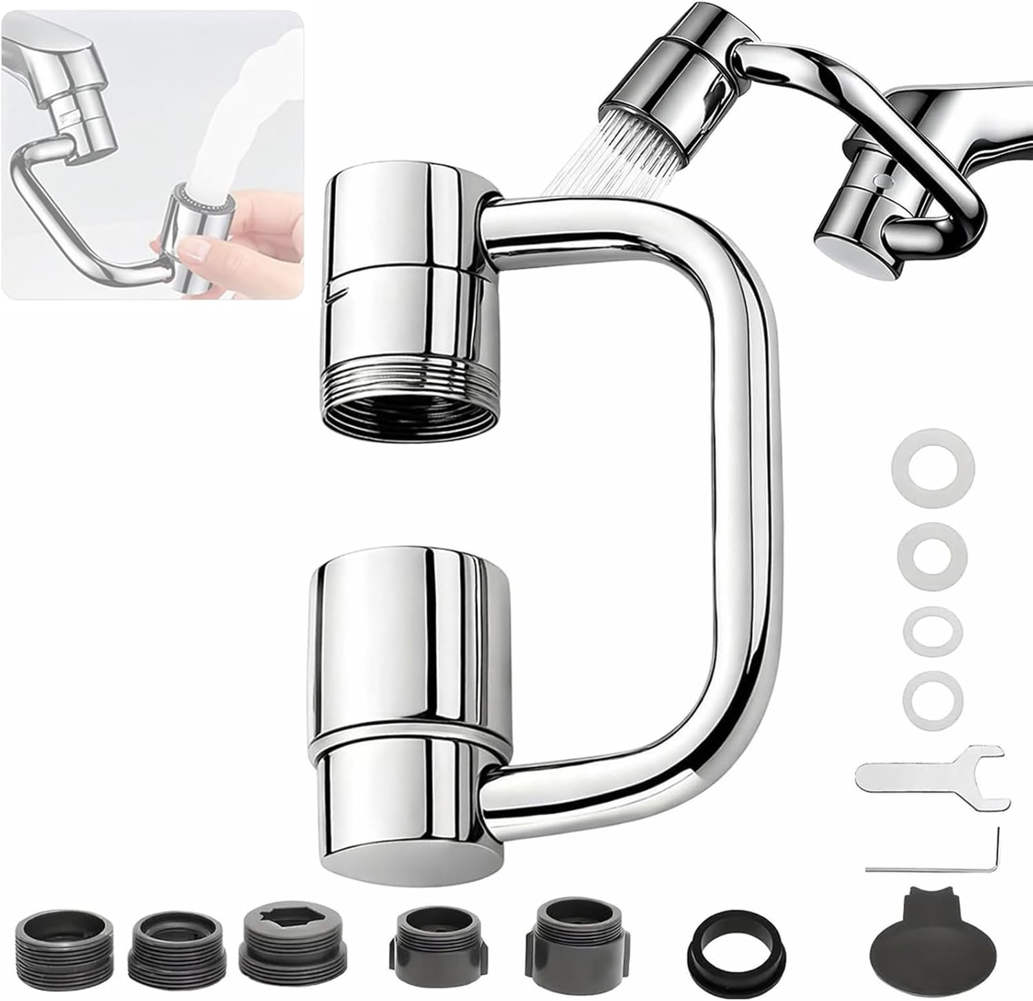 U Shape Faucet Extender - 360° Rotatable Universal Faucet Aerator Extension Attachment for Bathroom Sink & Kitchen Sink, Splash-Free Dual-Mode Flow, Easy Install with Adapters(1)