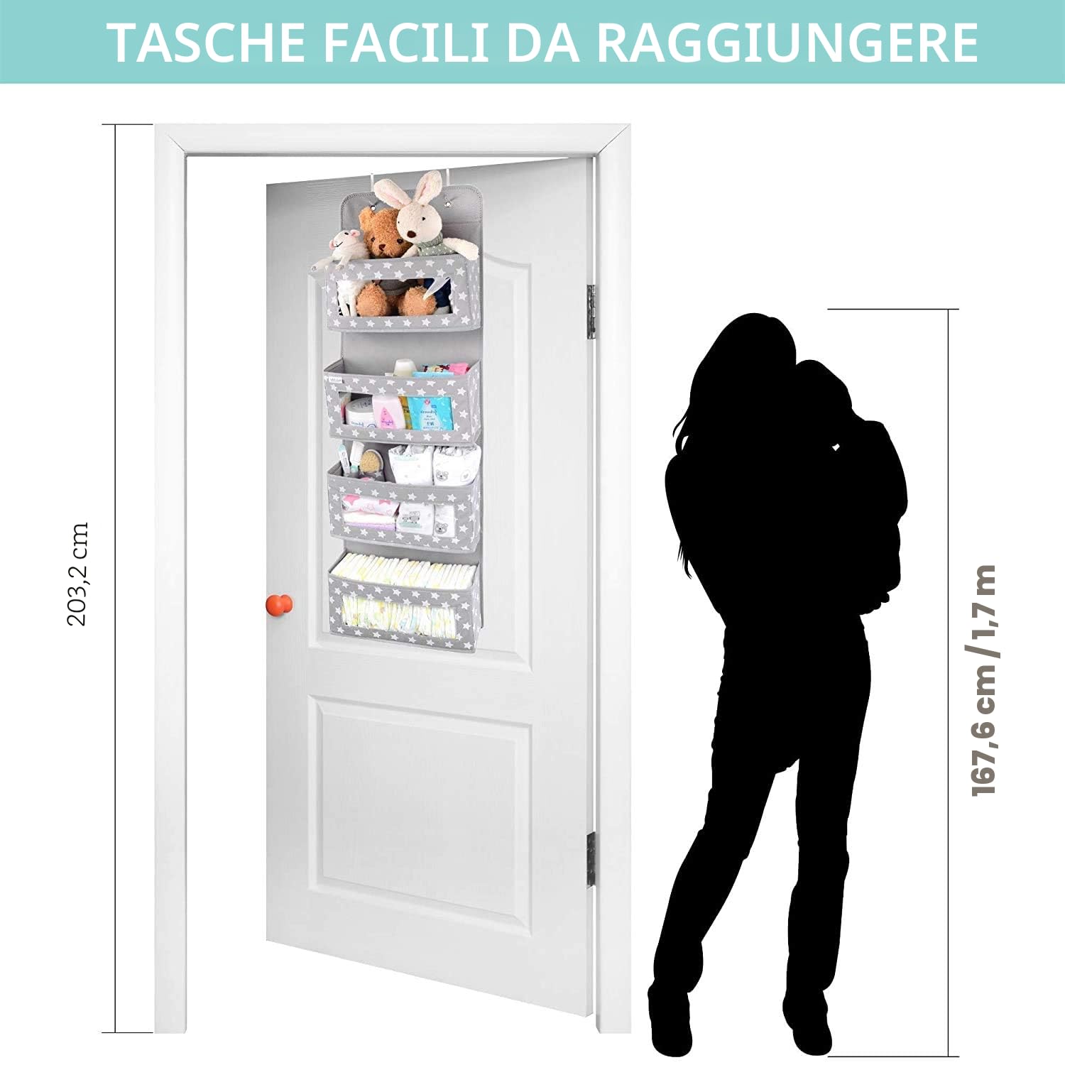 Vesta Baby Organizzatore Appeso da Porta con Ganci - Unisex Salvaspazio Soluzione con 4 Tasche Portaoggetti con Finestra Trasparente per Bagno, Cameretta - 2 Tasche di Servizio per Oggetti Piccoli