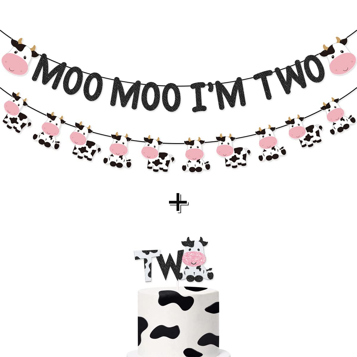 Wulagogo Moo Moo I'm Two Banner y decoración para tarta para fiesta de segundo cumpleaños de vaca, decoración de fiesta de cumpleaños de dos años de animales de granja
