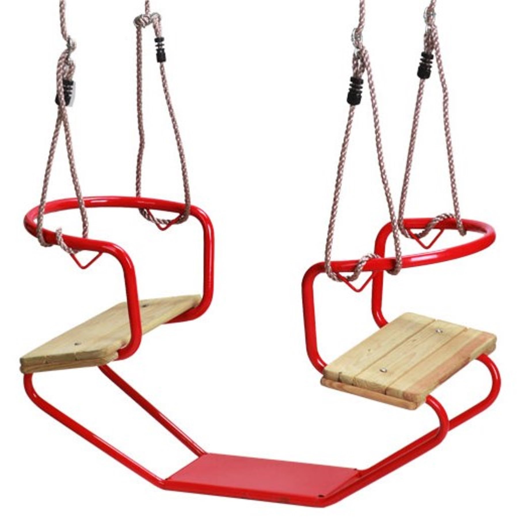 Doppelsitzschaukel Gondelschaukel für 2 Kinder – Pulverbeschichteter Metallrahmen & Kiefernholzsitze – Verstellbare PP-Seile – Outdoor Gartenschaukel Rot – 920 x 440 x 530 mm