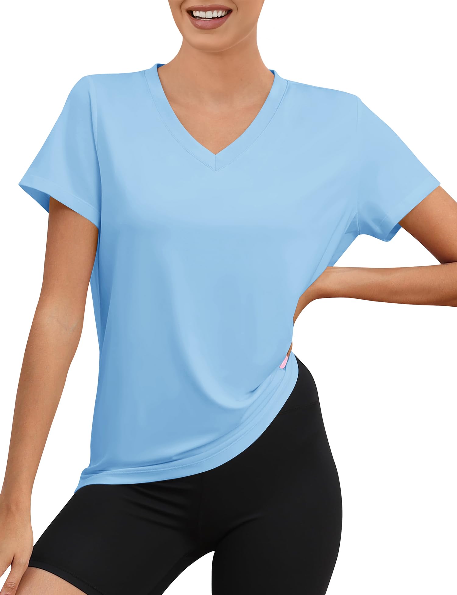 Rapbin Damen V Ausschnitt Sportshirt Kurzarm, UPF 50+ Leichtes Atmungsaktiv Trocken Funktions Sport Oberteile für Fitness Laufshirt Yoga