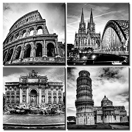 sunfrower-Black&White Famous European Architectural Italy Sights Framed Canvas Wall Art Ancient Colosseum Lecce Cologne Cathedral Hohenzollern Bridge Trevi Fountain Home Decoration Ready to Hang12x12