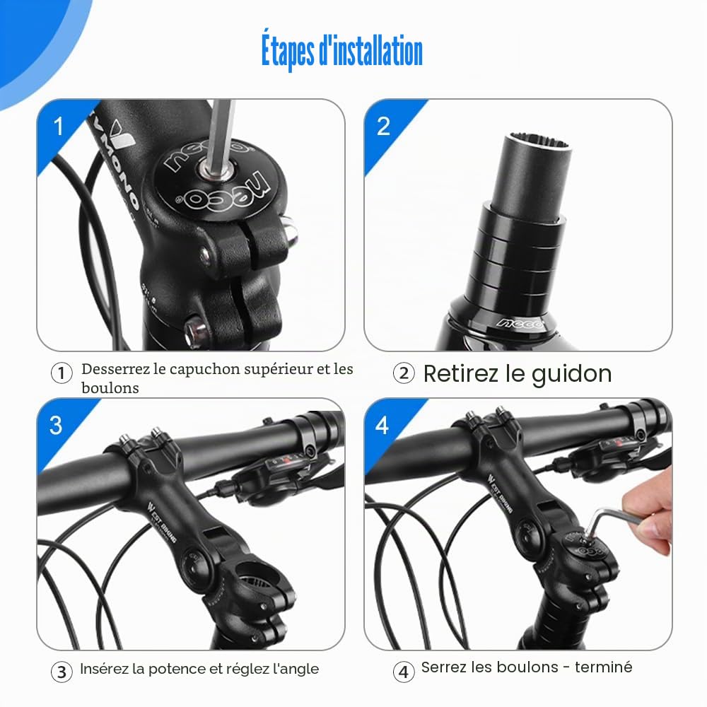 Potence de Vélo Réglable – Potence en Aluminium pour VTT, Vélo de Route & Vélo Électrique, Angle ±60°, Solide & Résistante aux Intempéries, avec Clés Allen