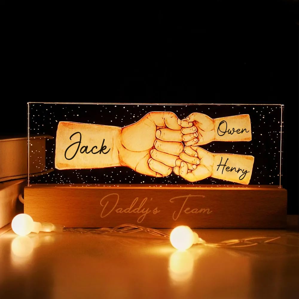 Dad's Team Fist Bump Personalized Acrylic LED Night Light - Custom Father's Day, Christmas, Birthday Gift for Daddy, Papa, Grandpa, Husband - Fathers Day Decor