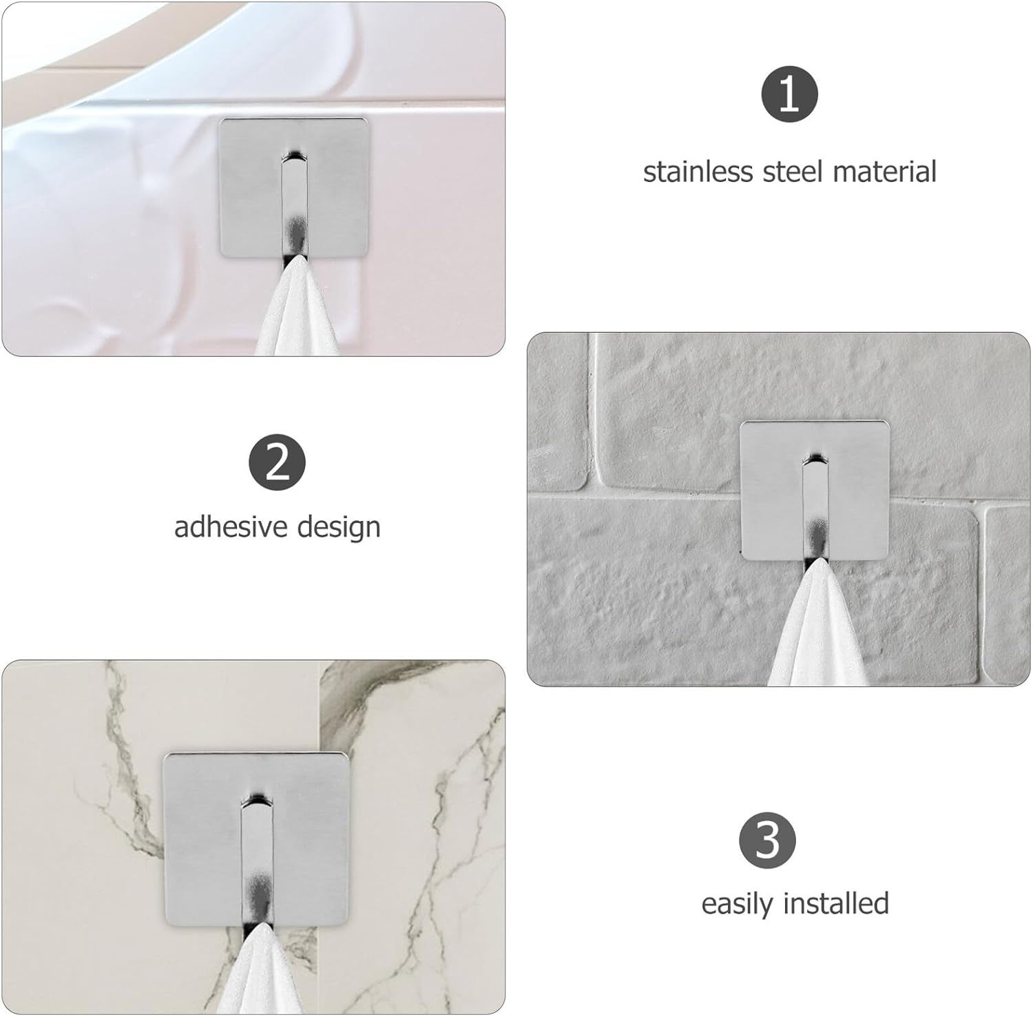Self Adhesive wall Hooks, 4pcs Hooks for Bathroom Towels and Clothes Hanging No-Drill Wall with Smooth Surface for Kitchen Door and Key Hanger Use