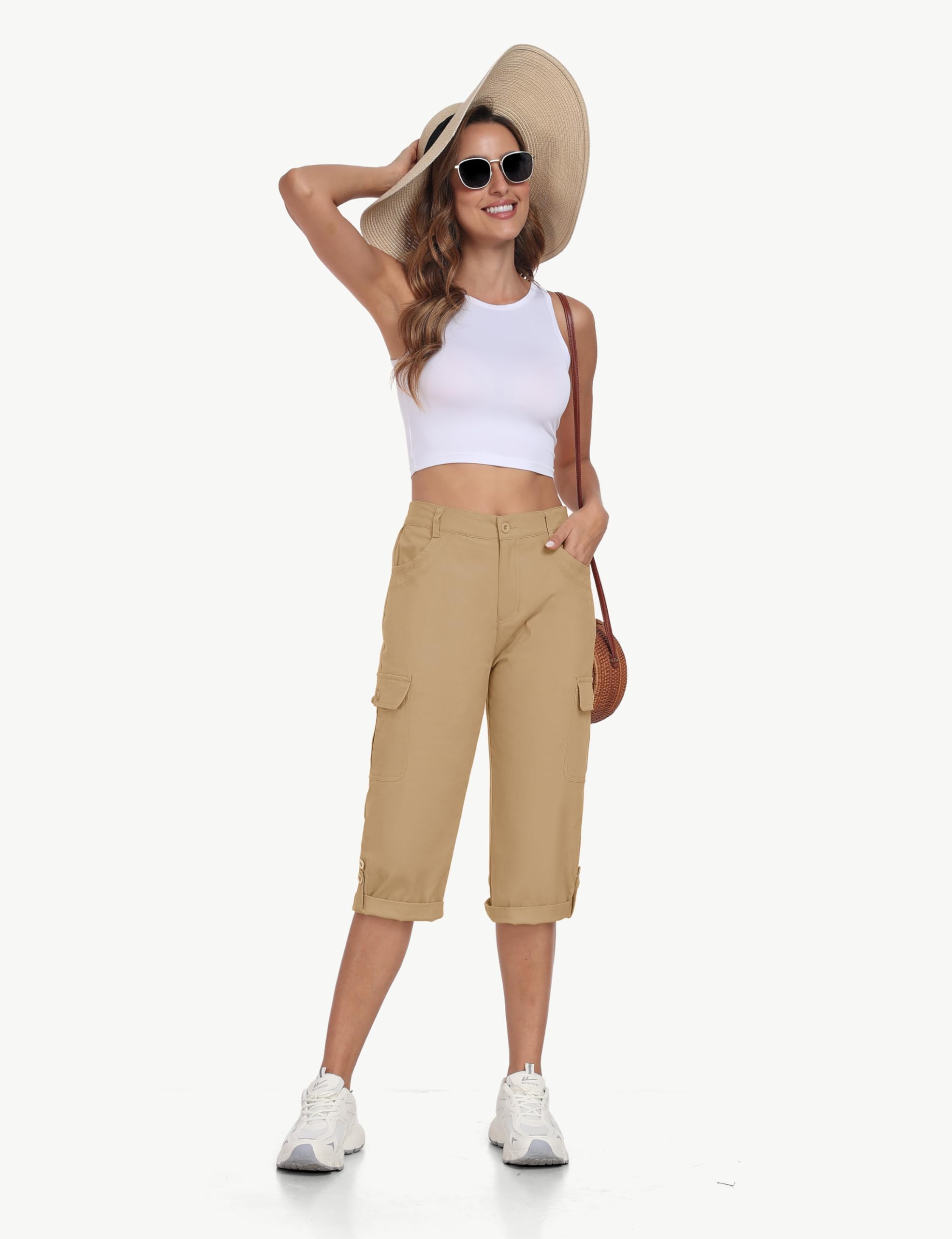 MoFiz Femme Cargo Pantalon Cotton Randonnée Capri Pants Taille Elastique Trekking Pantalon avec Poches
