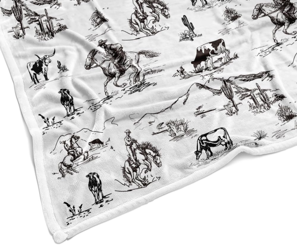 Western Cowboy Throw Blankets, Wild West Cowboy Ride Horse Desert Cactus Cozy Warm Bed Couch Blanket, Farmhouse Country American West Theme White Fleece Flannel Throws Decorate the Room and Bedroom - Image 5