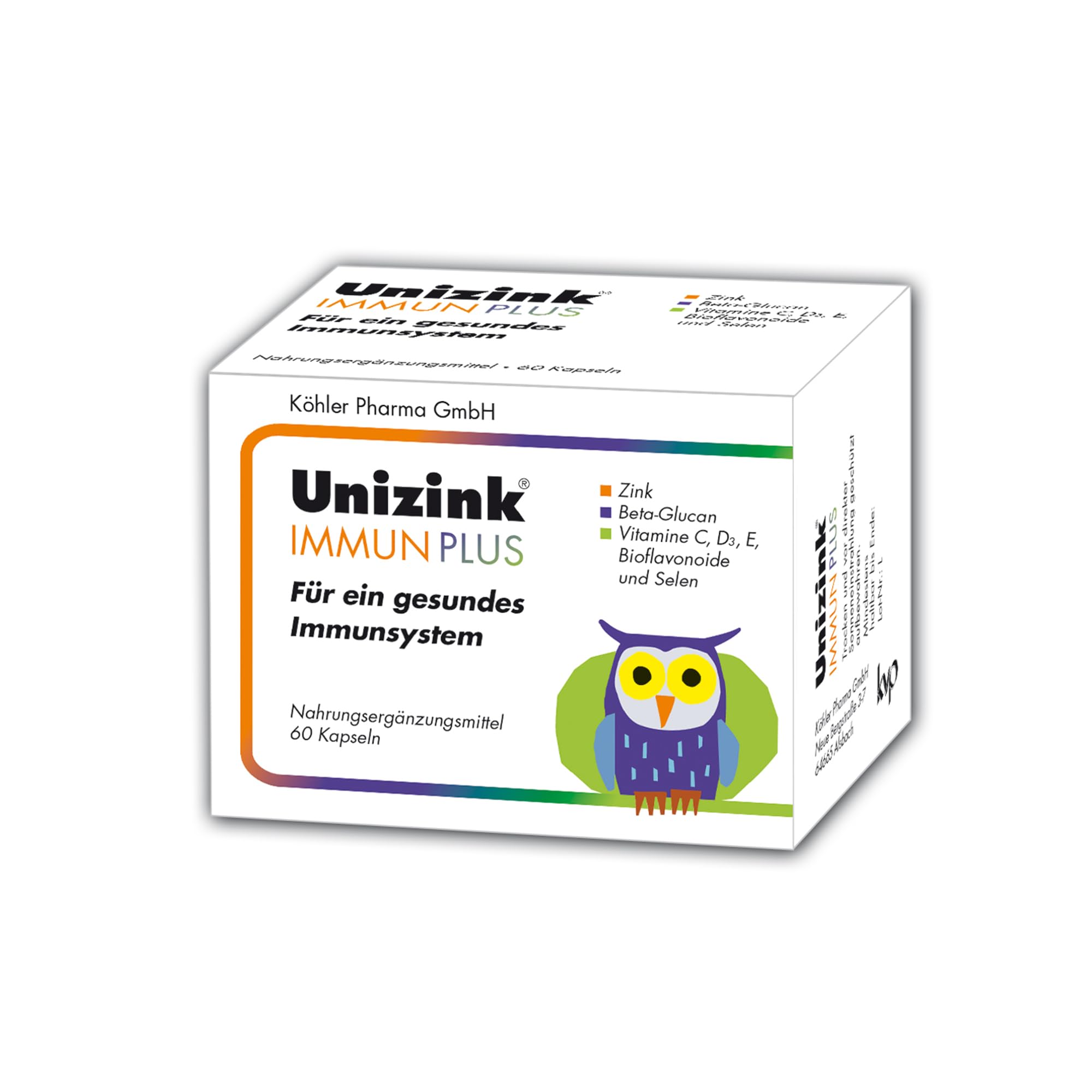 Unizink IMMUN PLUS – Nährstoff-Komplex mit Zink, Vitamin C, D3 und E sowie Selen, Bioflavonoiden und Beta-Glucan, unterstützt eine normale Funktion des Immunsystems, gluten- & laktosefrei, 60 St
