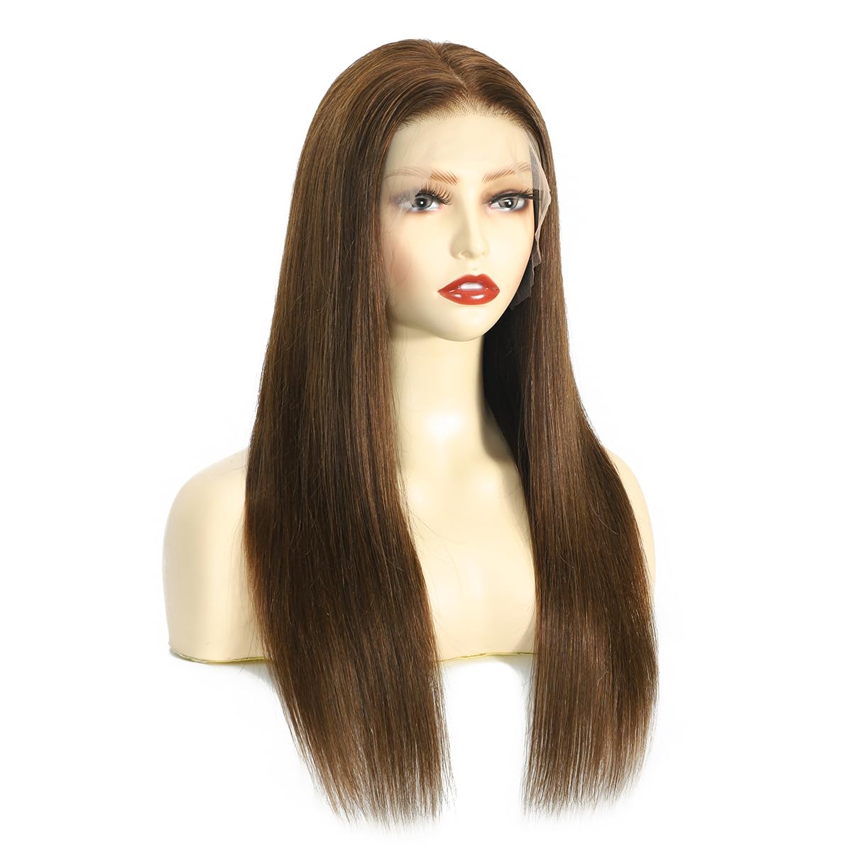 peruka typu lace front, włosy prawdziwe, kolor jasnobrązowy 6#, gładkie 100% Remy, włosy ludzkie, koronkowa podszewka (33x10cm), wyprzężone z małymi włoskami, długość 35,5 cm