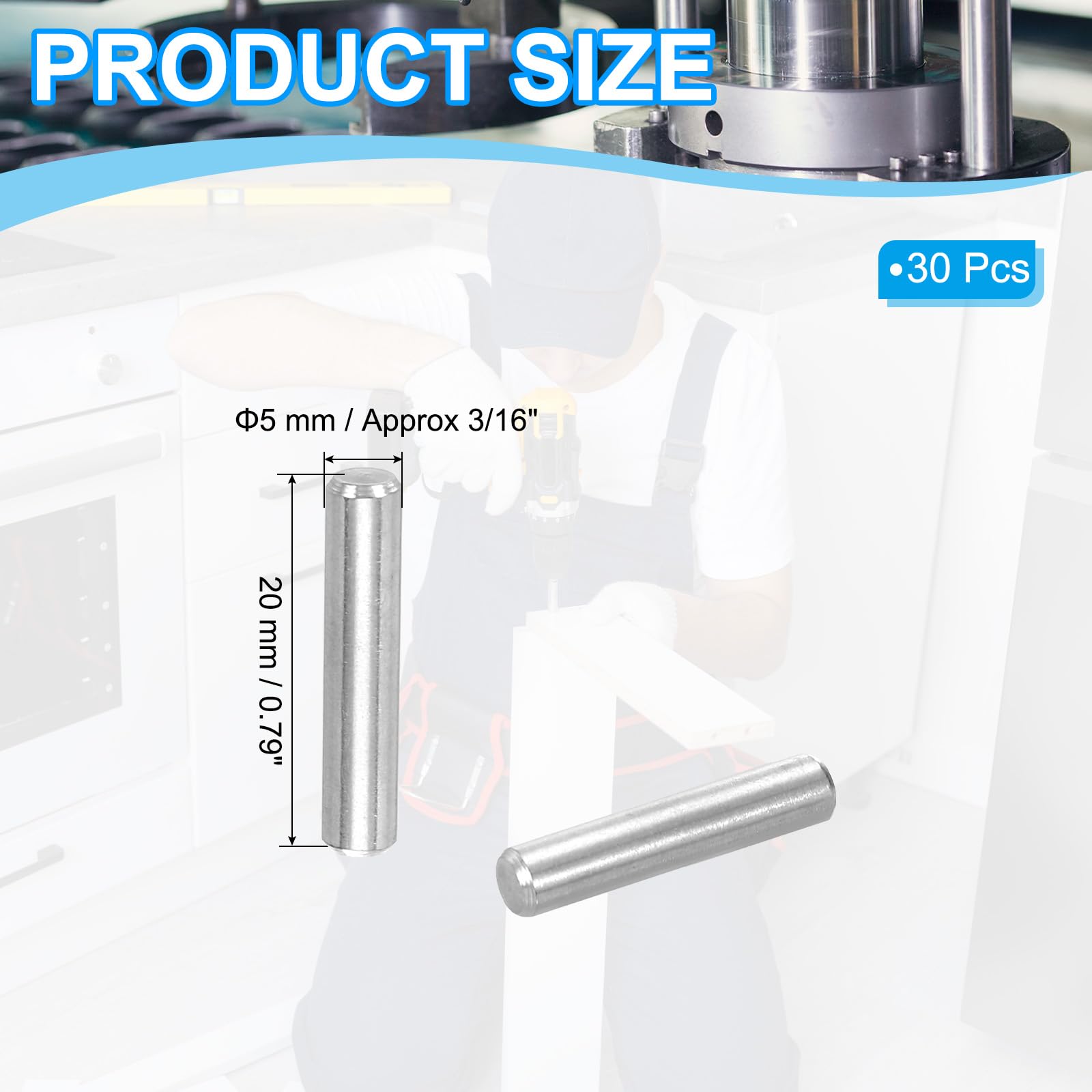 PATIKIL 30 Pcs 304 Stainless Steel Dowel Pins 5x20 mm (3/16" Dia) Metal Shelf Pegs - Image 2