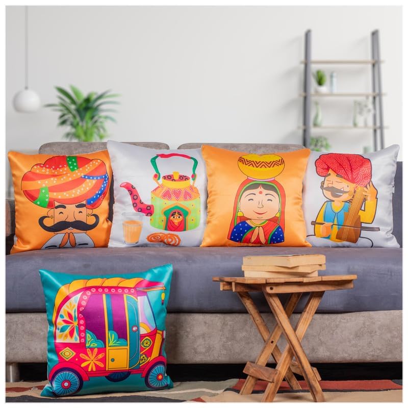 Image of Decorative Satin Sofa Cushion Covers Set of 5, 16 x 16 Inches, Multicolor Floral Printed Pillow Covers for Living Room, Bedroom, Couch & Sofa, Soft Glossy Fabric, Zipper Closure
