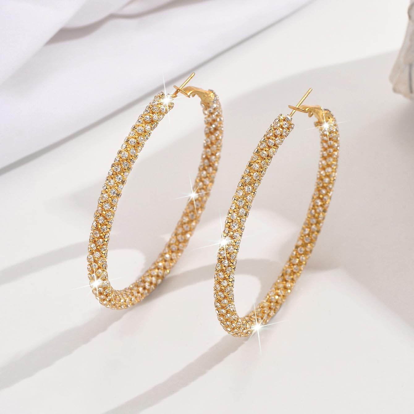 Large Gold Rhinestone Hoop Earrings Silver Sparkly Big Hoop Earrings for Women Black Earring Bling Chunky Silver Hoops 60mm Trendy Statement Earring for Women Bling Hoop for Prom Wedding Party Chunky Jewelry