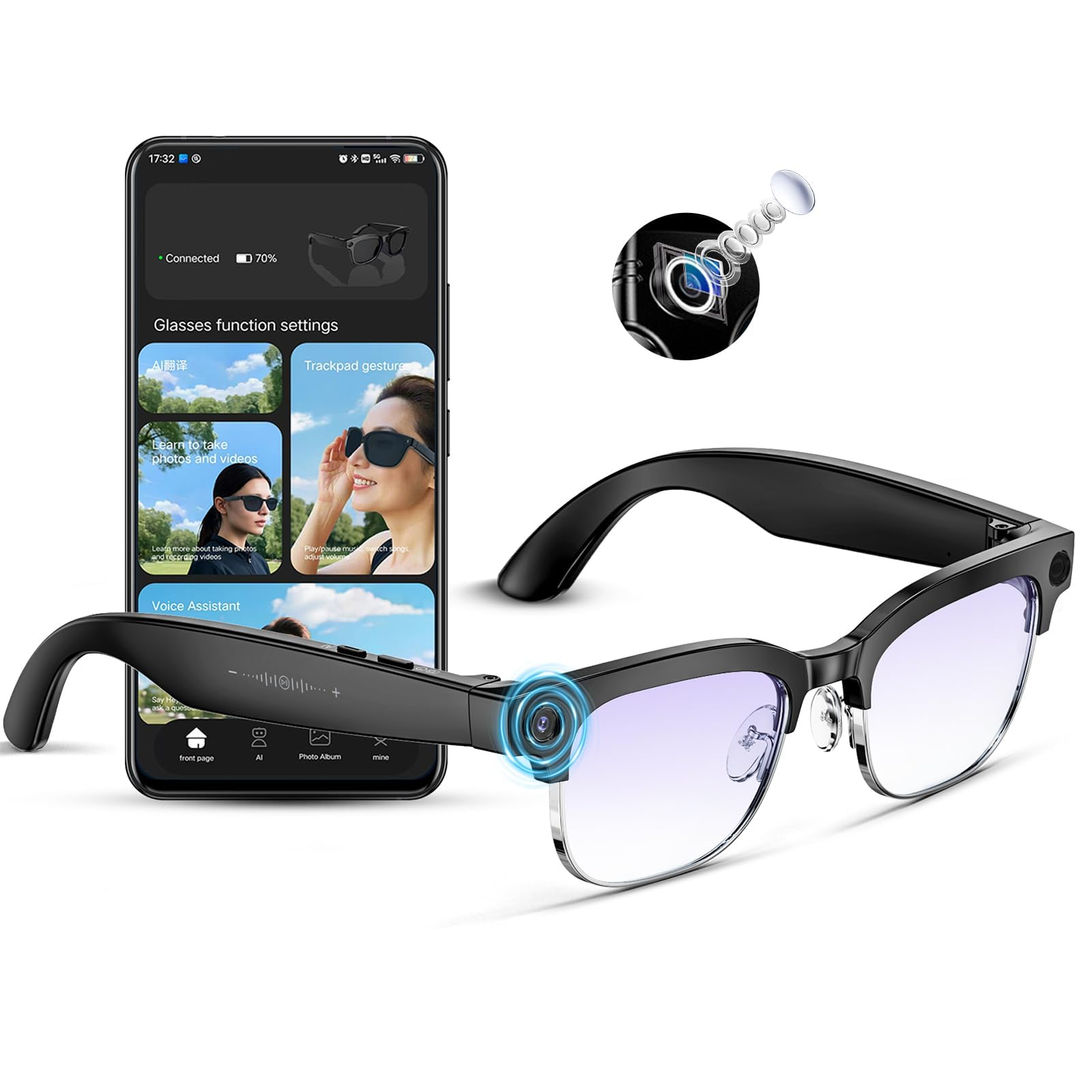 Lunettes intelligentes AI — Caméra 8MP anti-vibration, 290mAh, appel BT, 4K HD (enregistrement vidéo + double mic), IP66, interprétation simultanée/identification GPT (verres anti-lueurs bleues)