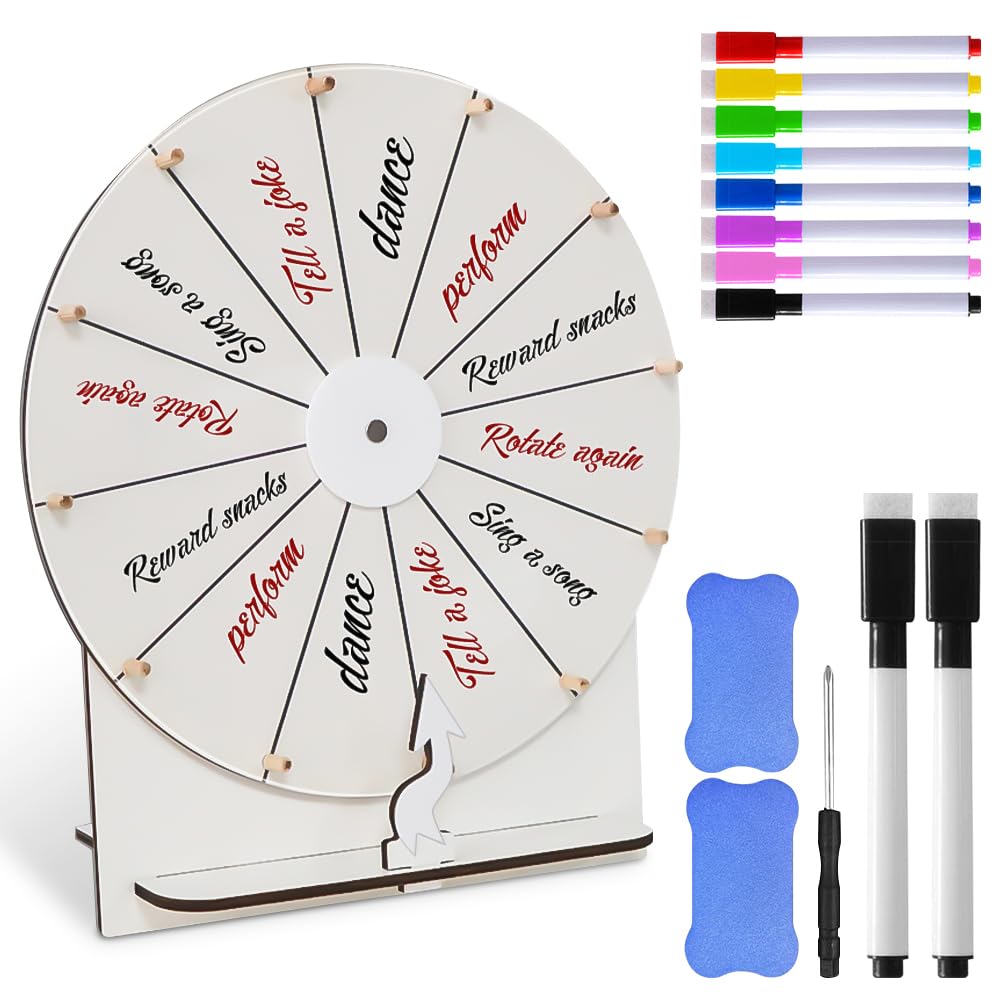 Glücksrad zum Drehen mit 12 Slots, Drehrad zum Selbstgestalten mit Markierstift, Radiergummi und Schraubendreher, kaufen für Messen, Karneval und Lotteriespiele