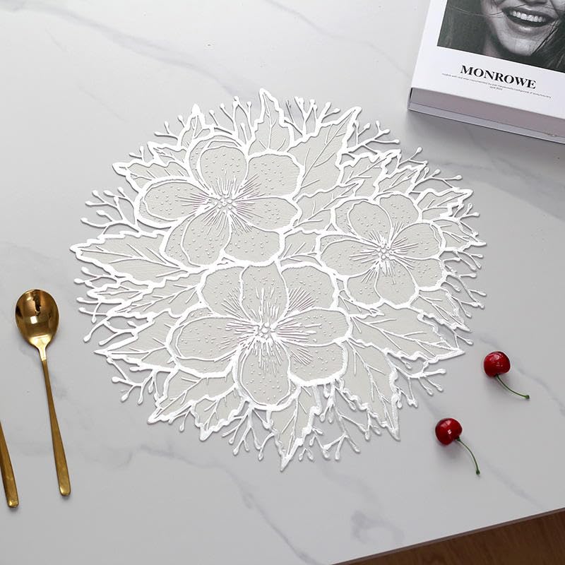 Image of Dakshya Industries Set of 2 PVC Waterproof Round Table Placemats (38x38 cm) | Floral Lace Design Dining Table Mats | Heat Resistant, Washable & Anti-Slip | Elegant Kitchen Table Mats (Silver)