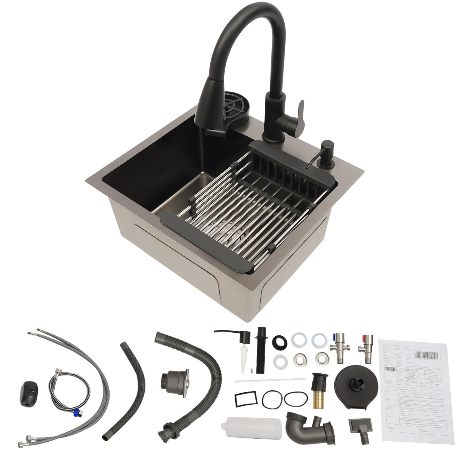 Lavello da cucina in acciaio inox, 1 vasca, 45 x 40 cm, con rubinetto estraibile, lavello da incasso con lavacalici, cestello scolapiatti e dispenser di sapone, per ristoranti, caffè, bar e hotel