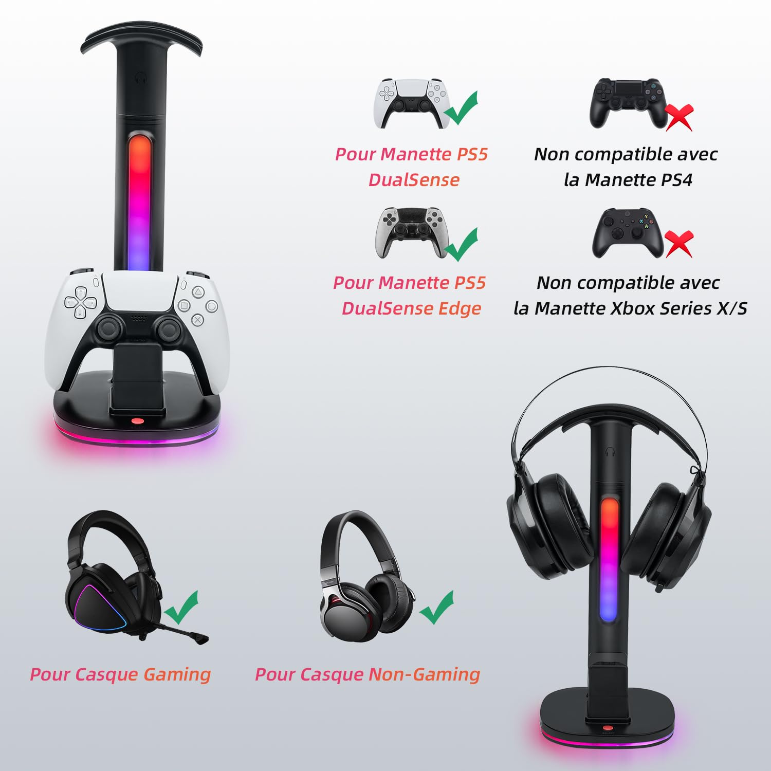 Mcbazel Station de Charge pour Manettes PS5 DualSense, Support pour Casques sans Fil, avec Éclairage RGB Polyvalent, Compatible avec la Console PS5