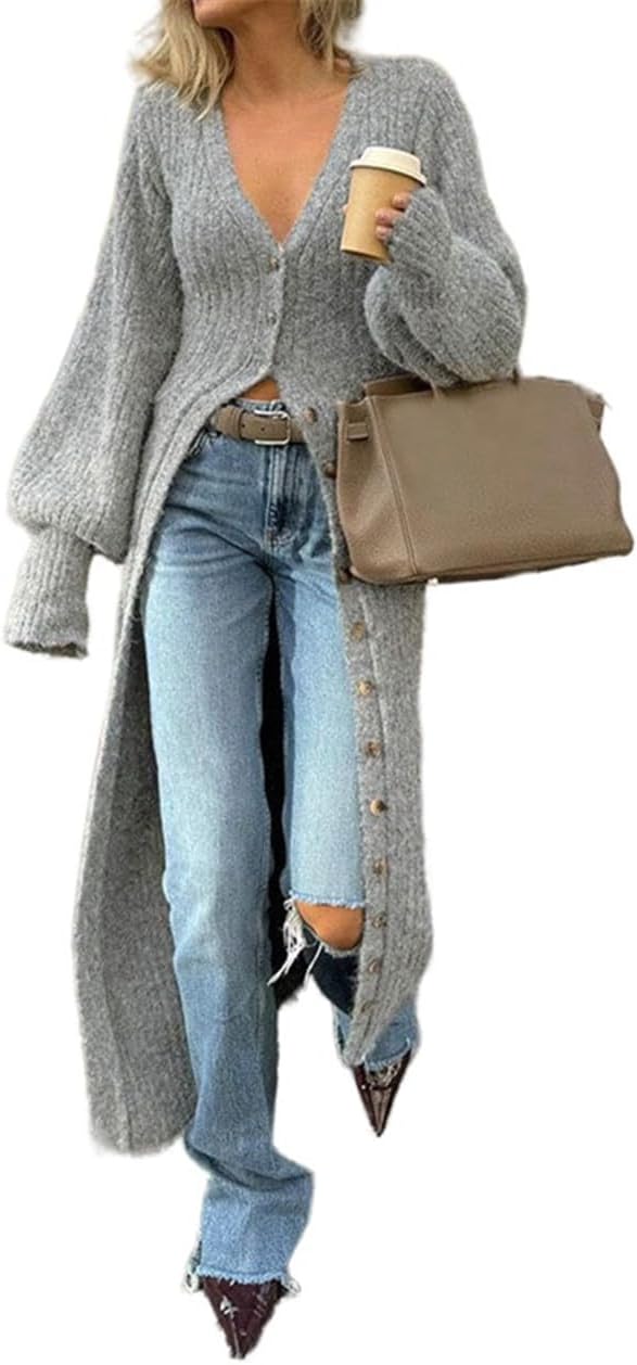Women's 2025 Trendy V-Neck Button Down Long Cardigans, Chunky Knit Fall Maxi Coat Sweater Dress