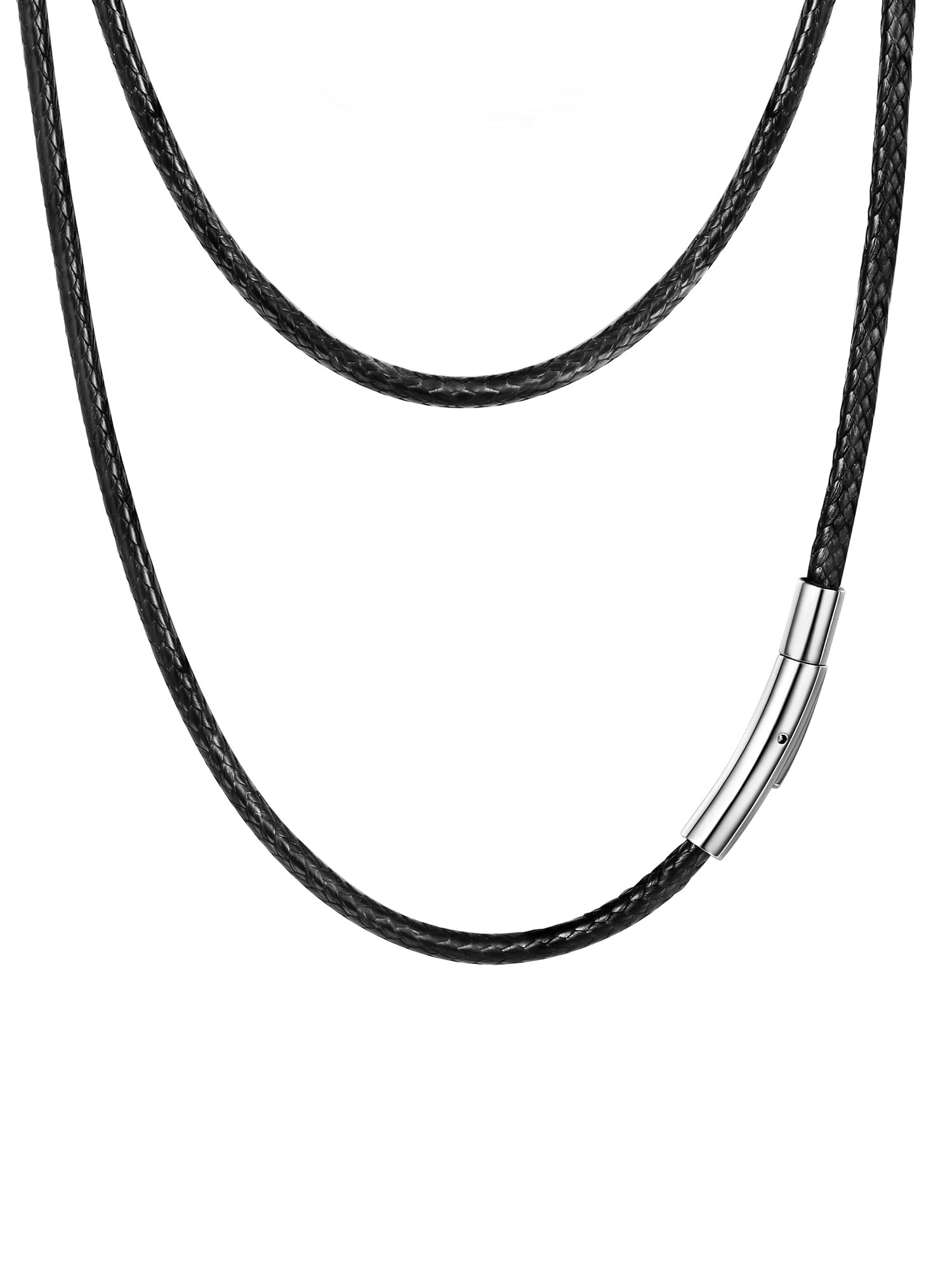 Mens Leather Necklace Cord, 3mm Width Black Braided Rope Chain with Stainless Steel Clasp, Waxed Waterproof 16"-30" Length (with Gift Box)