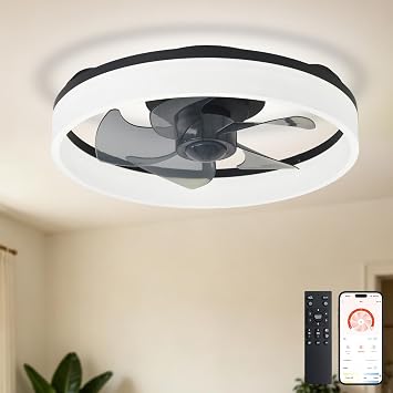 DLLT Ceiling Fans with Lights and Remote 16 Inch Modern Low Profile Ceiling Fan with APP Control for Kids Room - Black Dimmable LED Bladeless Fandelier with 6 Wind Speeds Quiet DC Motor for Bedroom