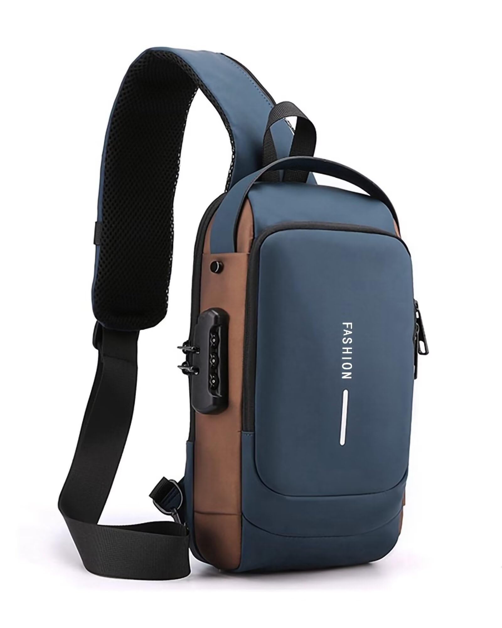 Umhängetaschen für Männer und Frauen, wasserdichte Brusttasche mit USB-Ladeanschluss Anti-Diebstahl-Schloss Crossbody-Rucksack Flex-Schultertasche für Wandern Radfahren Reisen (Blau-Gold)
