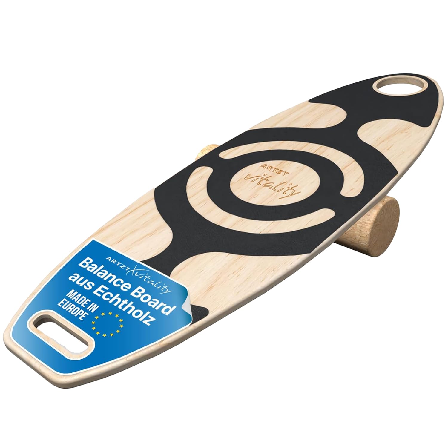 Balance Board mit Korkrolle | Gleichgewitchtsboard aus Holz bis 120kg für Koordinationstraining Gleichgewichtstraining Balance-Board Surfbrett Erwachsene | Made in EU Buche, 75 x 25 cm