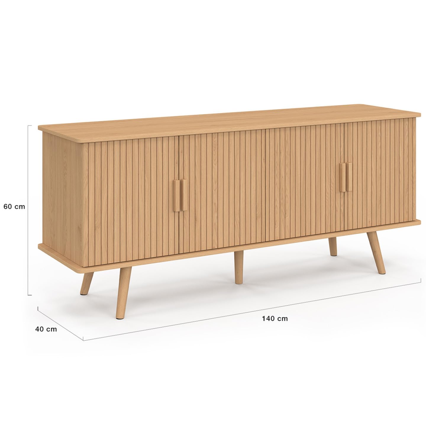 IDMarket - Buffet Bas 140 cm Juliette 4 Portes Effet Lattes tasseau Bois Coloris chêne