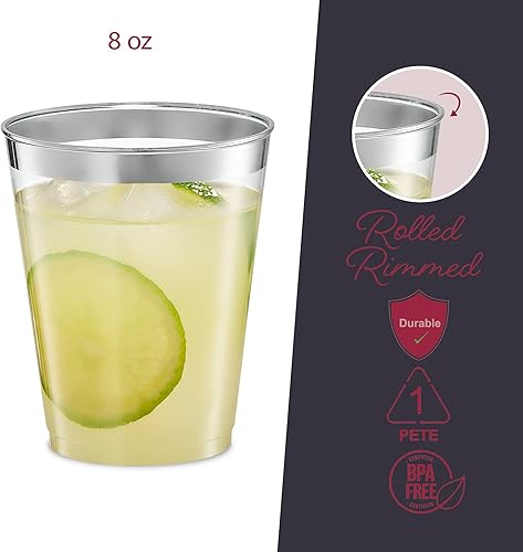 Miniatura 2 de PLASTICPRO Vasos desechables de plástico transparente de 8 onzas con borde plateado para fiestas y bodas paquete de 50