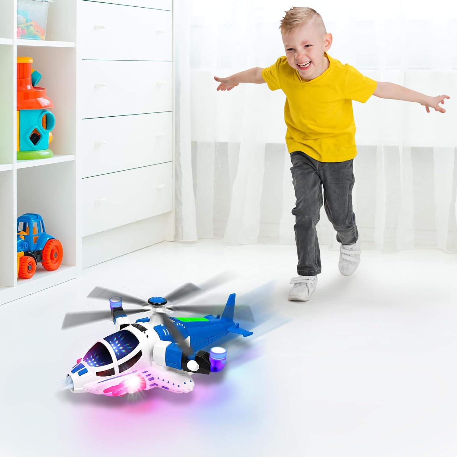 Helicopter Toy for Toddlers With Lights And Sounds, 360°Freedom And Operated Automatic Bump Autism Sensory Light Up Toys Airplane for Toddler Boy Toys 3 4 5 Year Old Up Boy Girl Birthday (Blue)