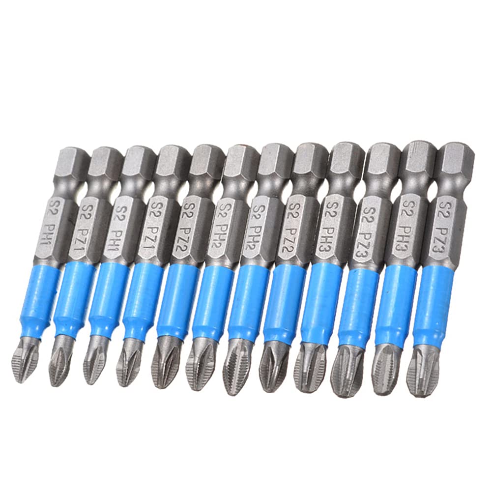 12pcs Magnetic Phillips Pozidriv Screwdriver Bit Set 1/4 Inch Hex Shank Phillips Head Drive Bit Cross Slot Anti-slip Screw Driver Power Drill Bit for Electric Hand Screwdrivers, 50mm Length