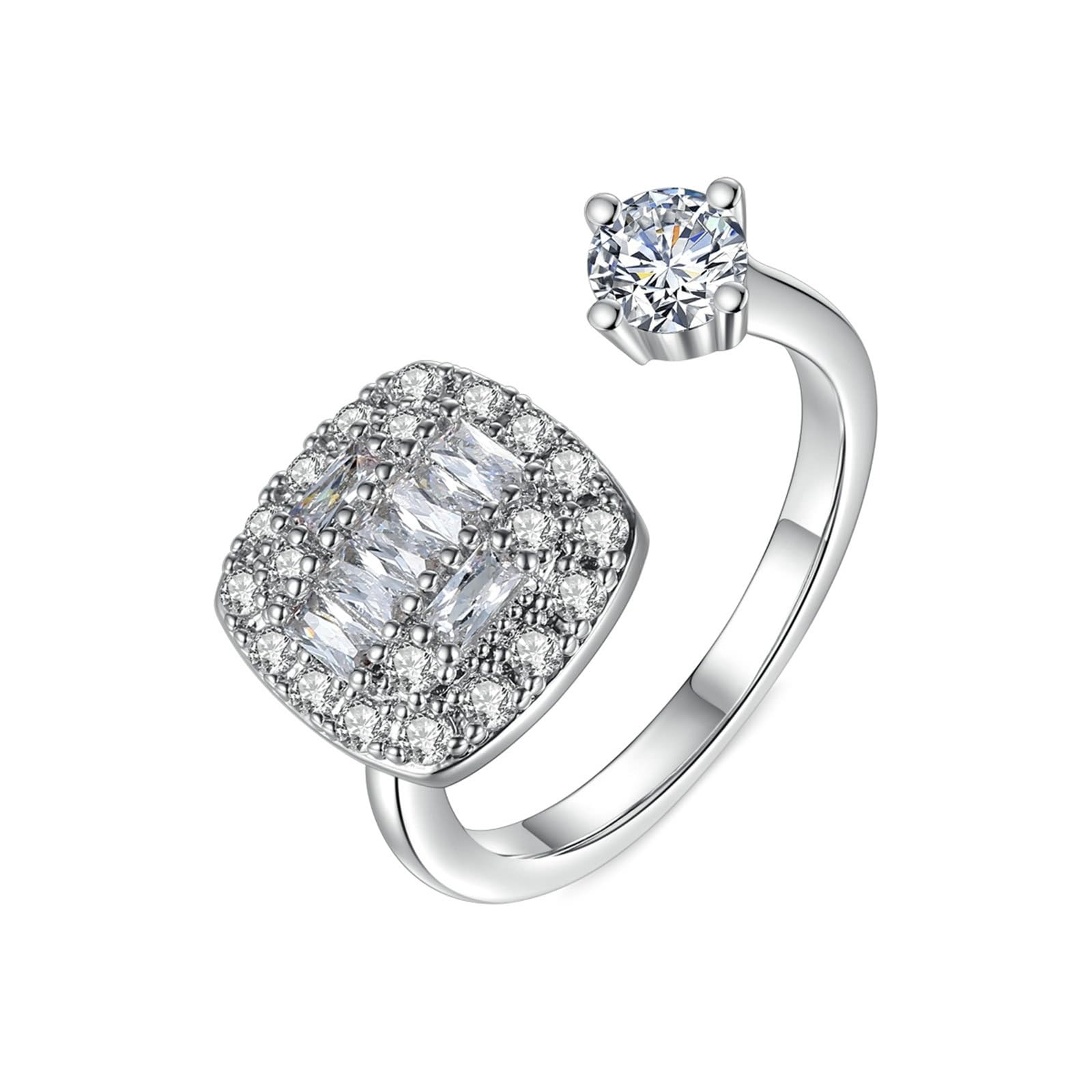 Wycian Pierścionek Moissanite styl vintage białe złoto pierścionek 18-karatowy niemetalowy znaczek (tylko moda) z prostokątem i okrągłą cyrkonią sześcienną rozmiar H 1/2 popularny dla cioci biżuteria